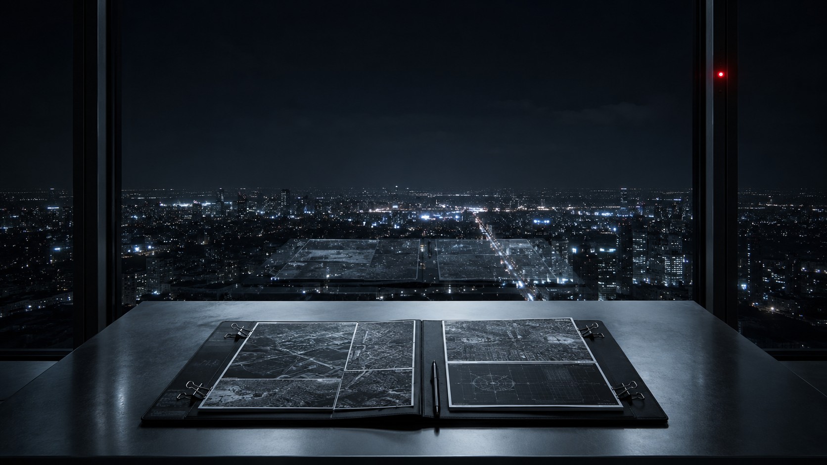 Tavolo da briefing notturno con dossier aperto di foto aeree; oltre la vetrata, le luci della città reale si estendono ben oltre l'area coperta dal dossier.