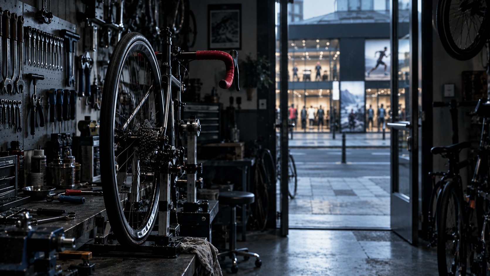 Laboratorio di biciclette visto dall'interno: ruota sul cavalletto, utensili appesi, nastro rosso sul manubrio; oltre la porta, sfocato, un grande negozio.