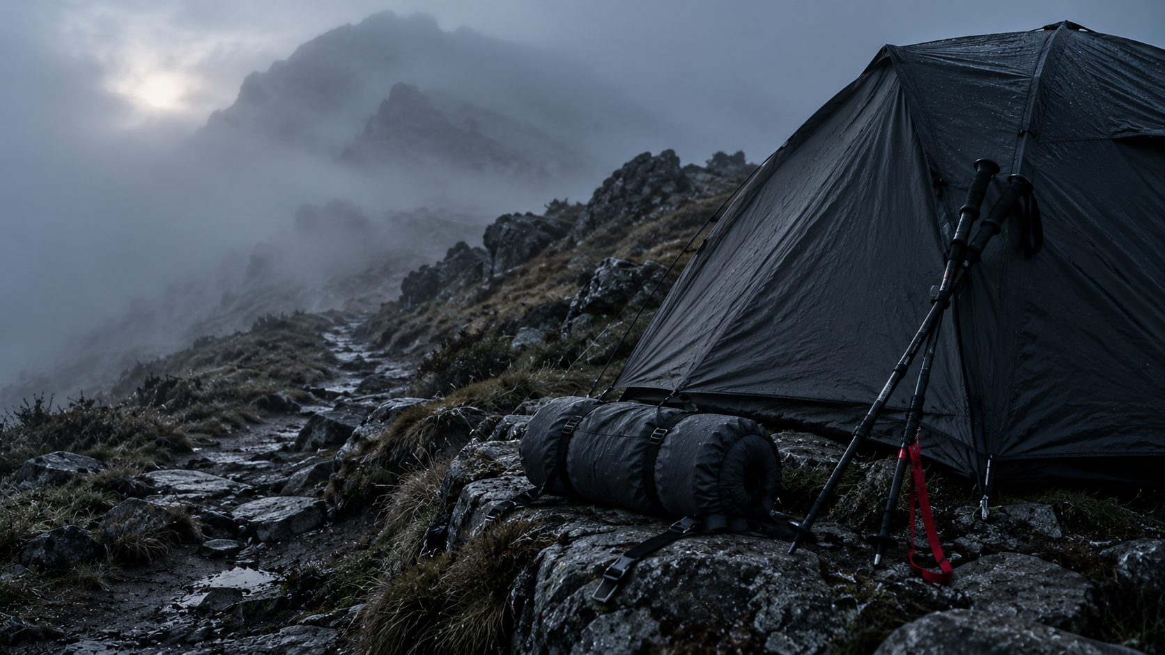 Sentiero di montagna all'alba nella nebbia: una tenda chiusa, un sacco a pelo arrotolato su una roccia, due bastoni incrociati; il nastro di una ghetta è rosso.