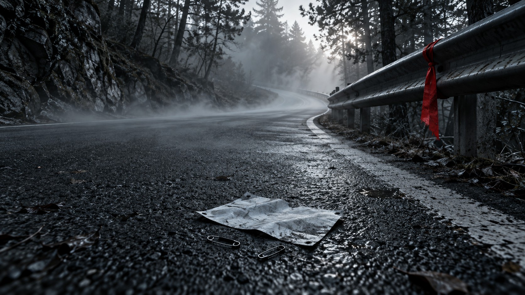 Strada di gara in salita che curva fra gli alberi alla prima luce, un pettorale caduto sull'asfalto; sulla transenna un nastro rosso, dopo la curva niente.