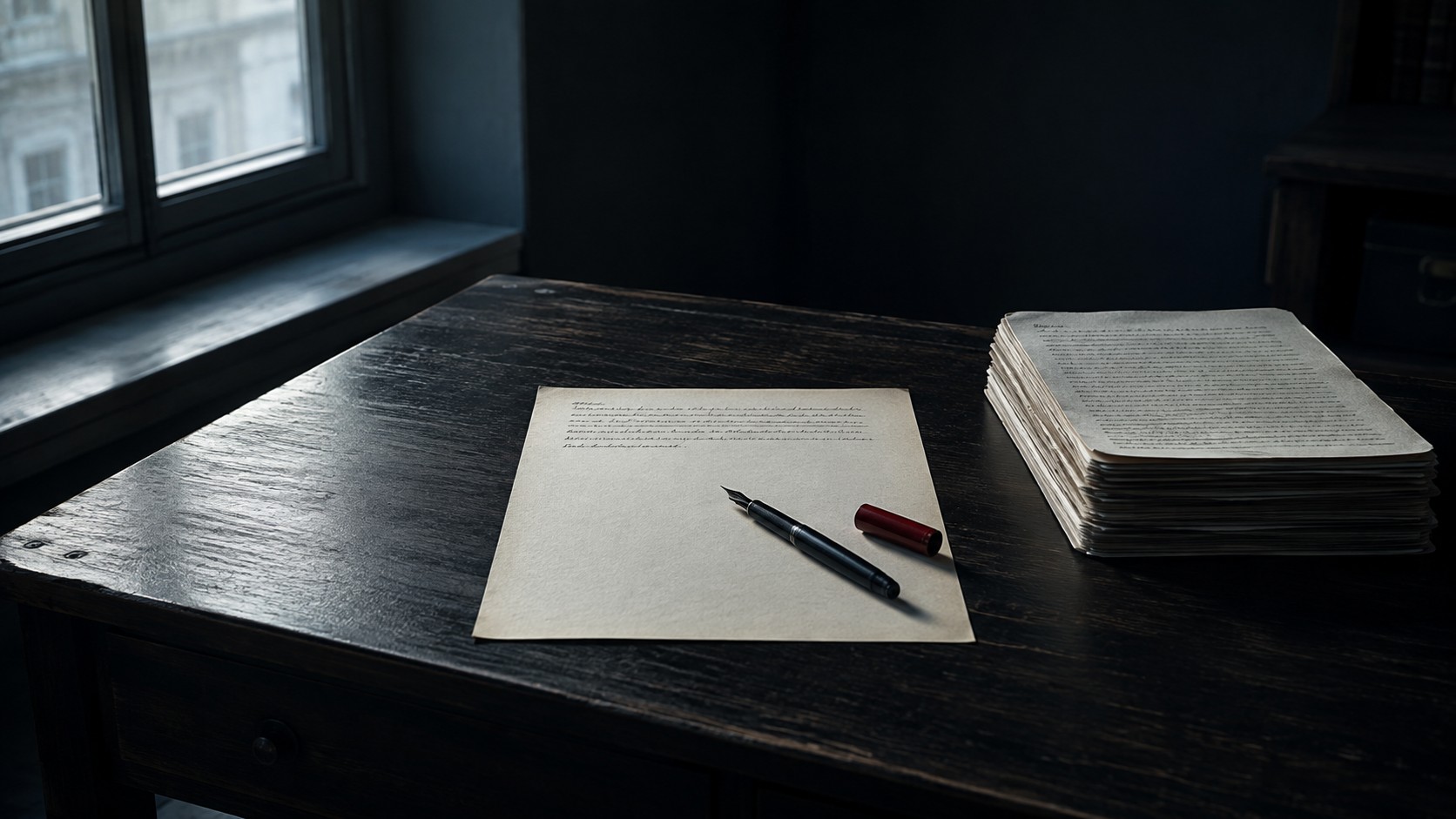 Foglio di carta spessa su un tavolo scuro con un solo paragrafo scritto a penna e il resto bianco; accanto una pila di fogli capovolta e una stilografica rossa.