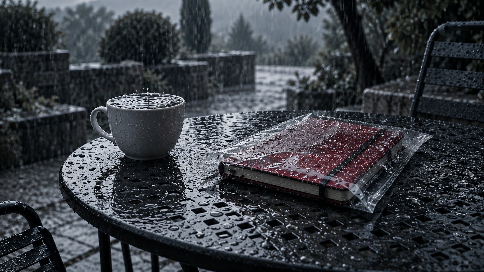 Tavolo da giardino in metallo sotto la pioggia: una tazza colma d'acqua piovana e un quaderno chiuso in una busta trasparente con la copertina rossa in vista.