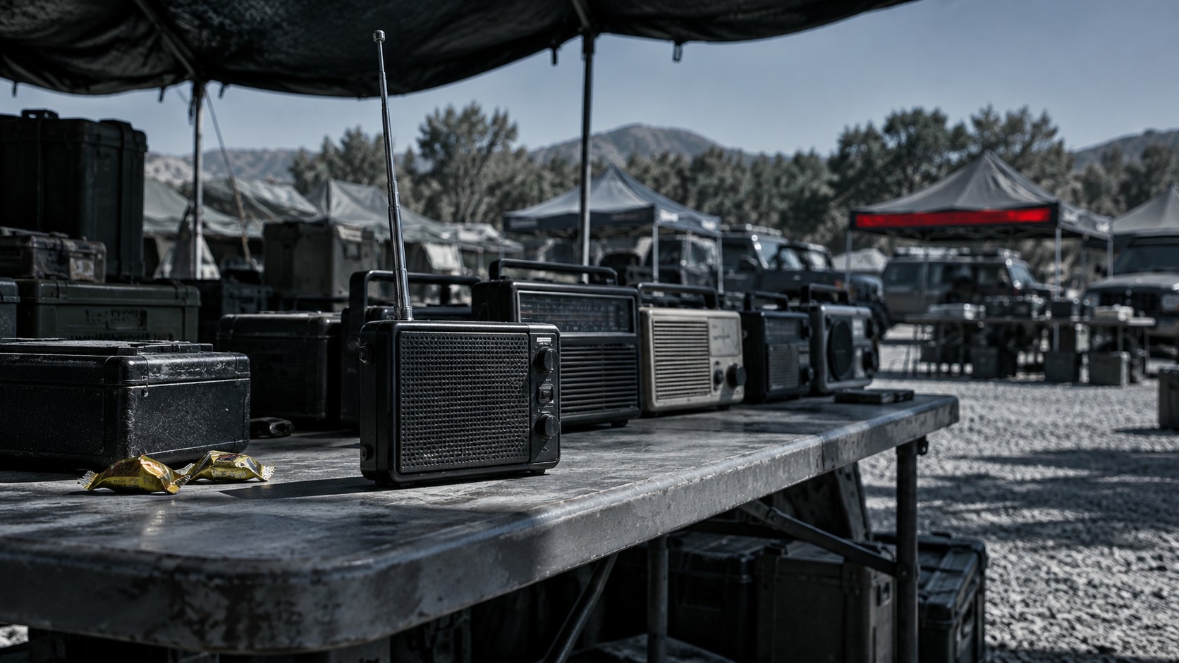 Banco di un mercatino a mezzogiorno: vecchie radio in fila, la nera con l'antenna alzata davanti, due carte di caramelle; dietro un gazebo con una riga rossa.