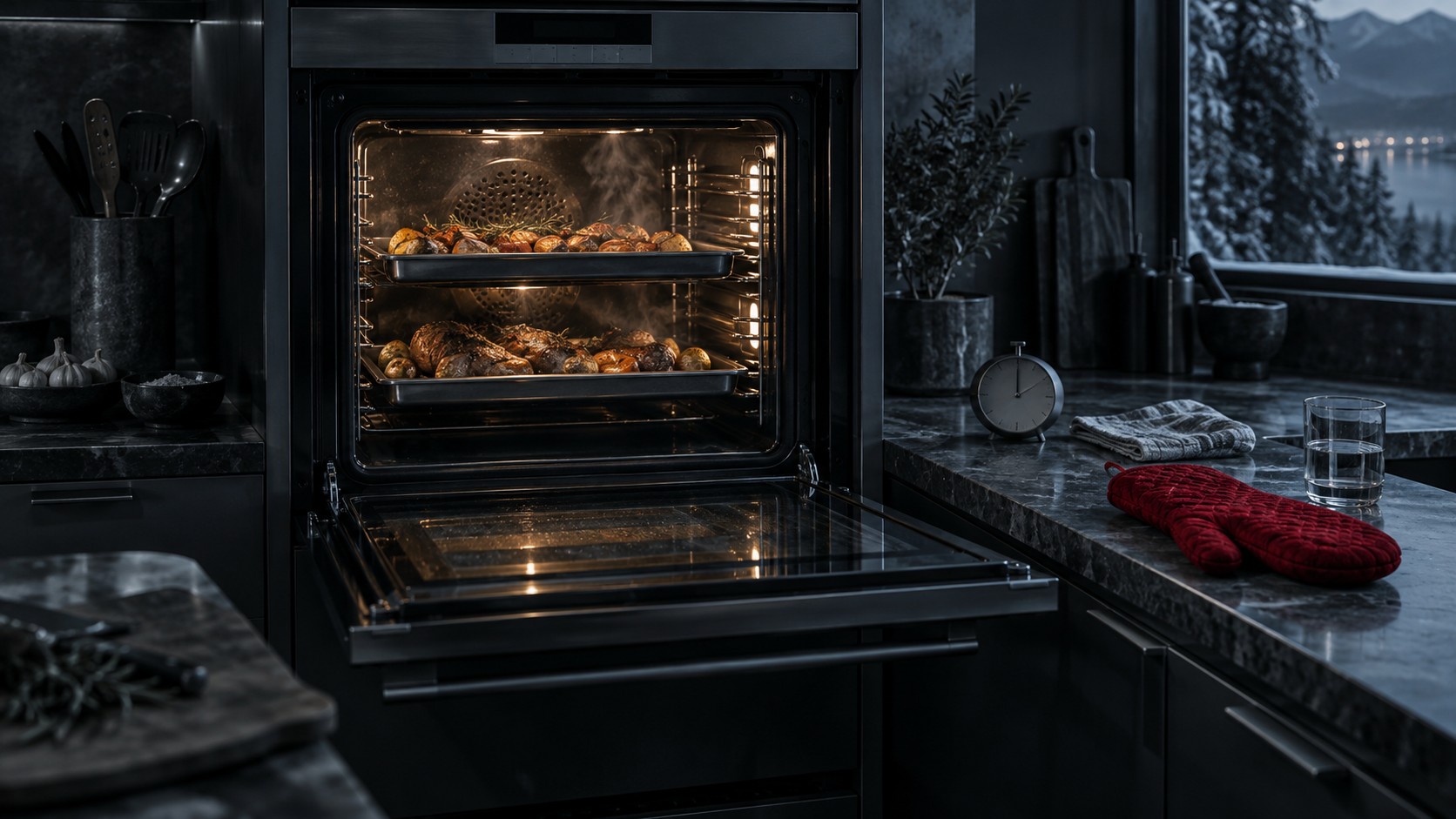 Forno di casa aperto con due teglie piene su due ripiani, il timer meccanico sul piano accanto, luce dalla finestra; l'unico colore è la presina rossa.