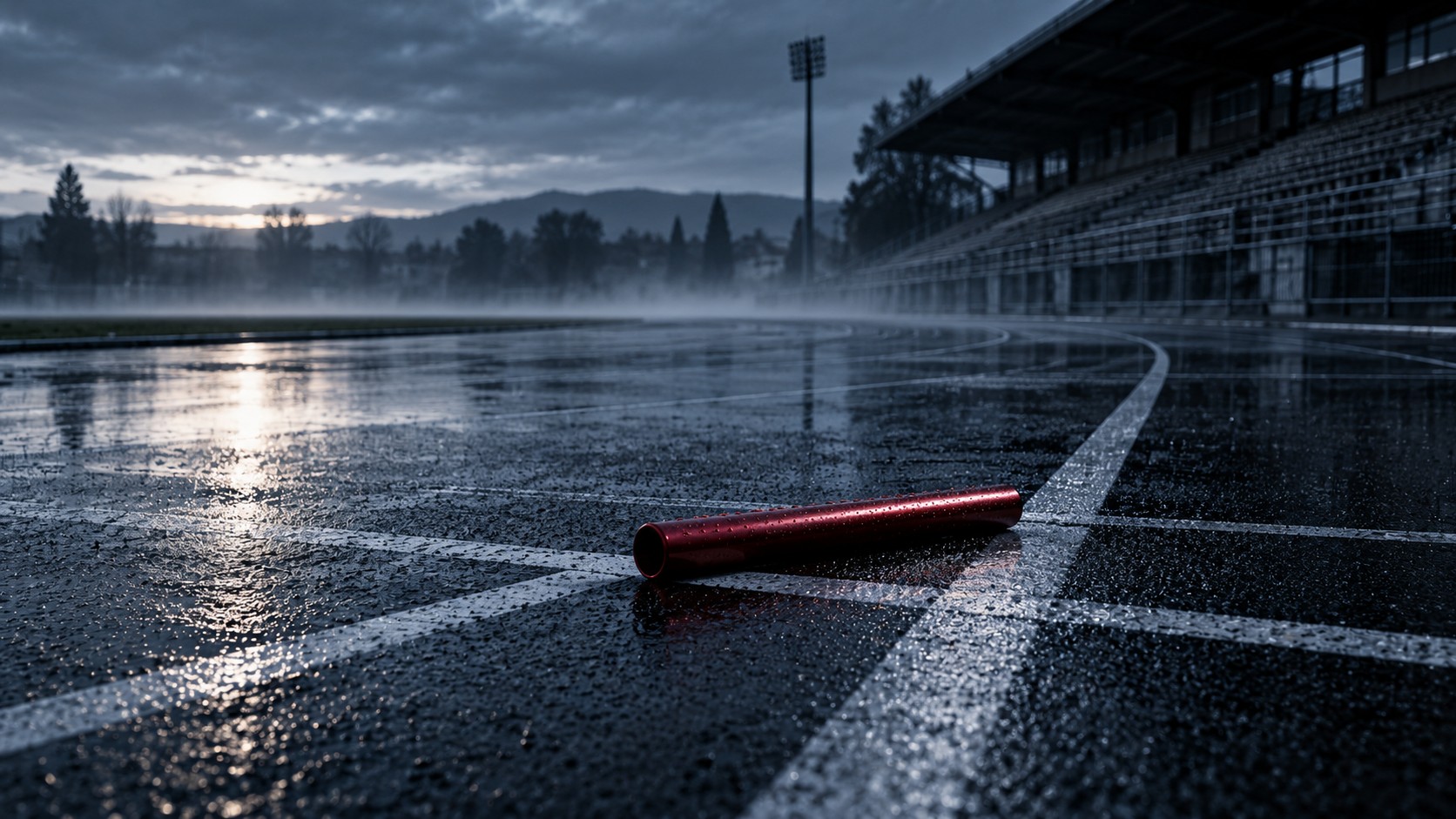 Pista di atletica vuota alla prima luce, vista bassa sulla zona di cambio bagnata: un testimone rosso appoggiato sulla linea della corsia più vicina.