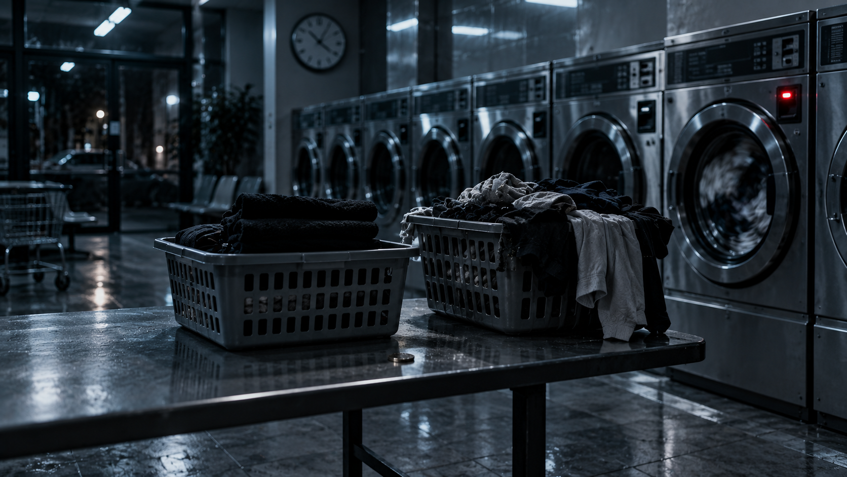 Lavanderia a gettoni di notte: fila di oblò, un cesto di vestiti piegati e uno da smistare, un orologio a parete; una macchina in funzione con la spia rossa.