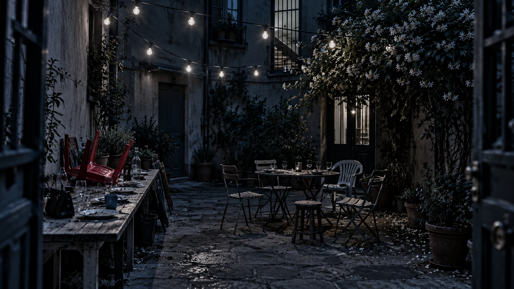 Cortile di condominio di notte con lucine: un tavolo lungo contro il muro pieno di piatti e una tazza blu, due tavolini sotto il gelsomino con sedie spaiate.