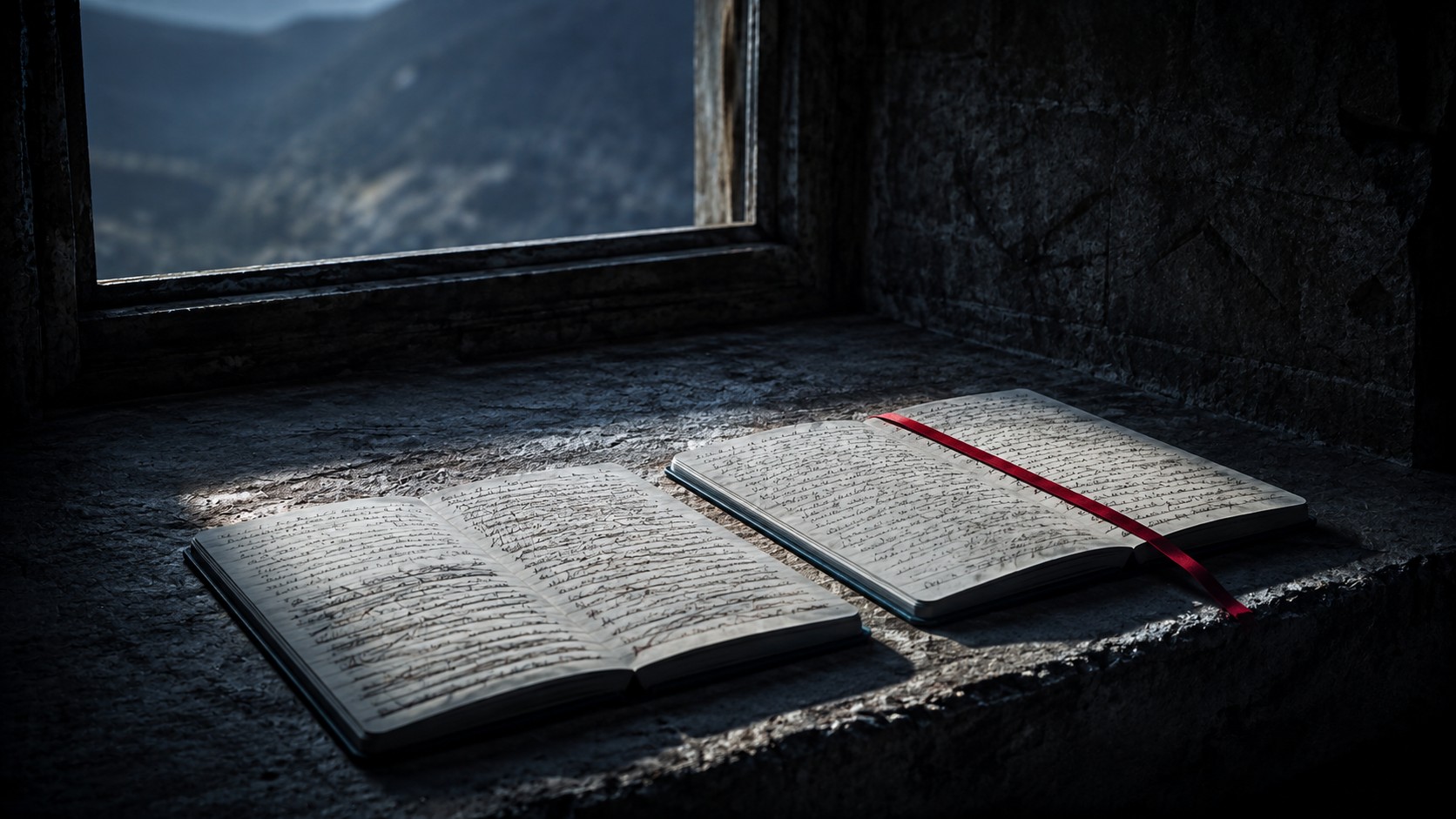 Due taccuini aperti su un davanzale di pietra al mattino, una pagina cancellata e una pulita; sul taccuino pulito, un segnalibro a nastro rosso.