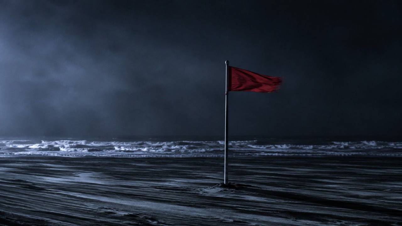 Spiaggia deserta di notte con un pennone d'acciaio nella sabbia: una bandiera rossa tesa dal vento, mare mosso e cielo blu-grigio alle spalle.