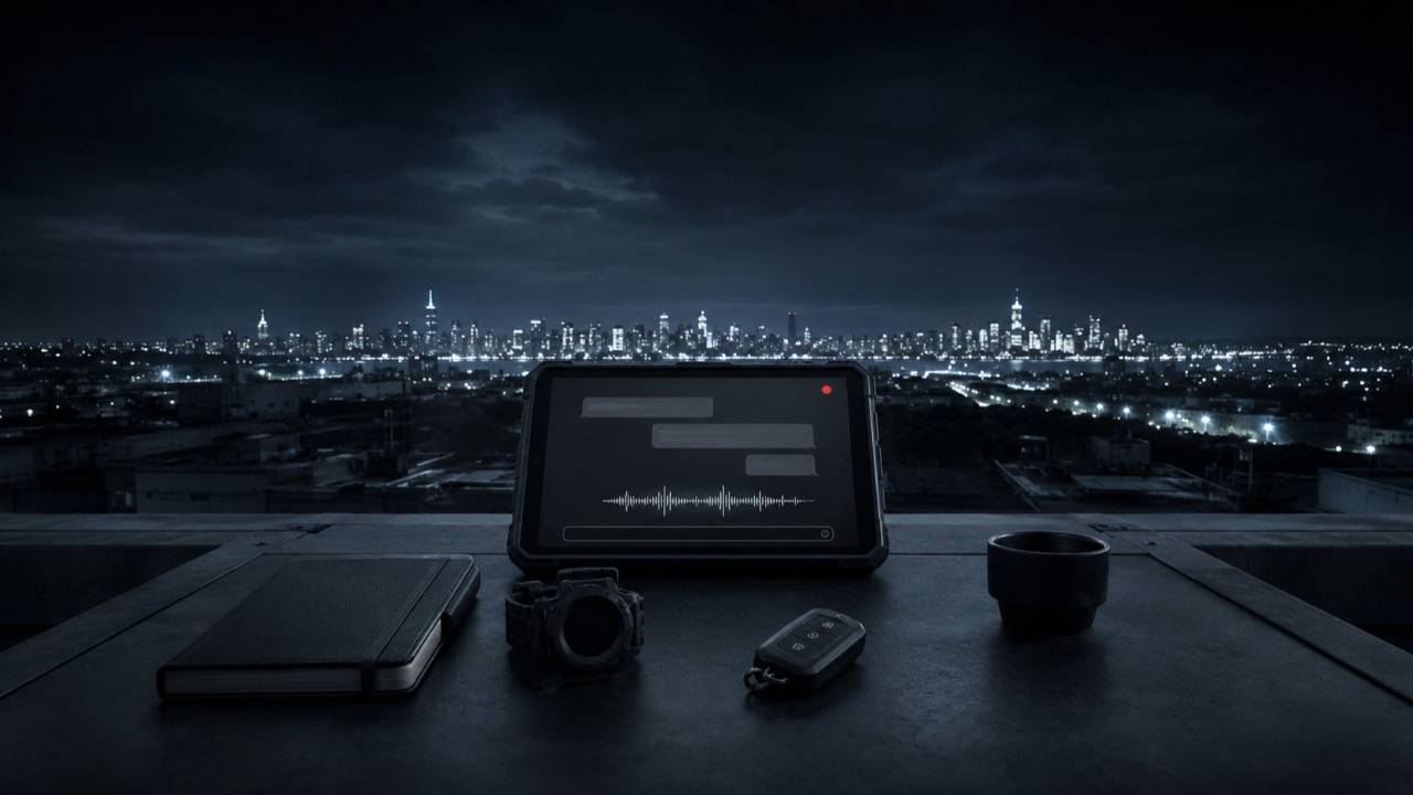 Su un tetto di notte, un tablet rugged con interfaccia AI e punto di stato rosso, taccuino, orologio tattico e tazzina allineati verso lo skyline.