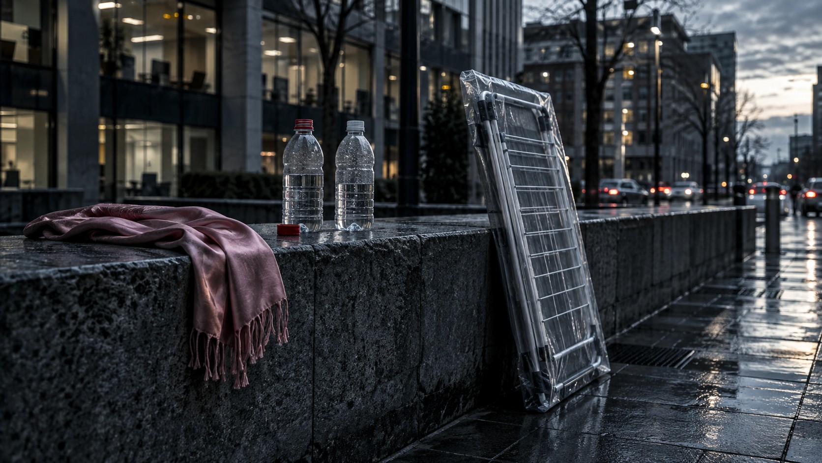 Muretto di città nel tardo pomeriggio: due bottigliette d'acqua e uno stendibiancheria chiuso appoggiato al muro; accanto una sciarpa di seta rosa.