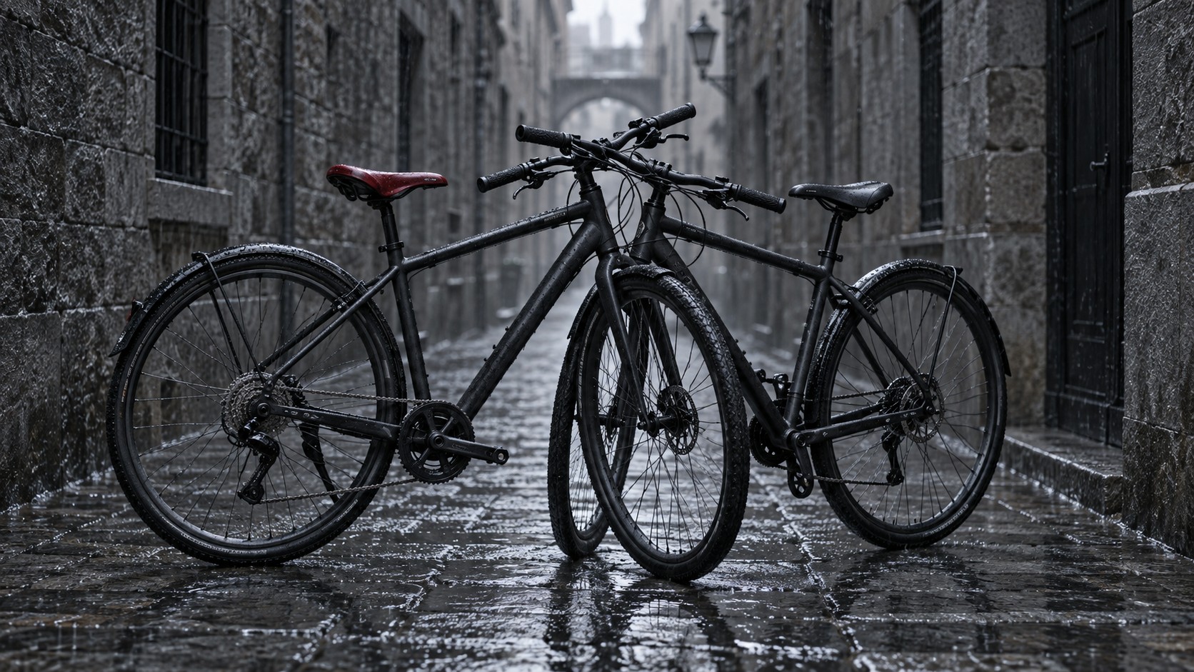 Due biciclette da cross nere opache appoggiate l'una all'altra in un vicolo di pietra bagnata sotto la pioggia, in piedi senza cavalletto; una sola sella rossa.