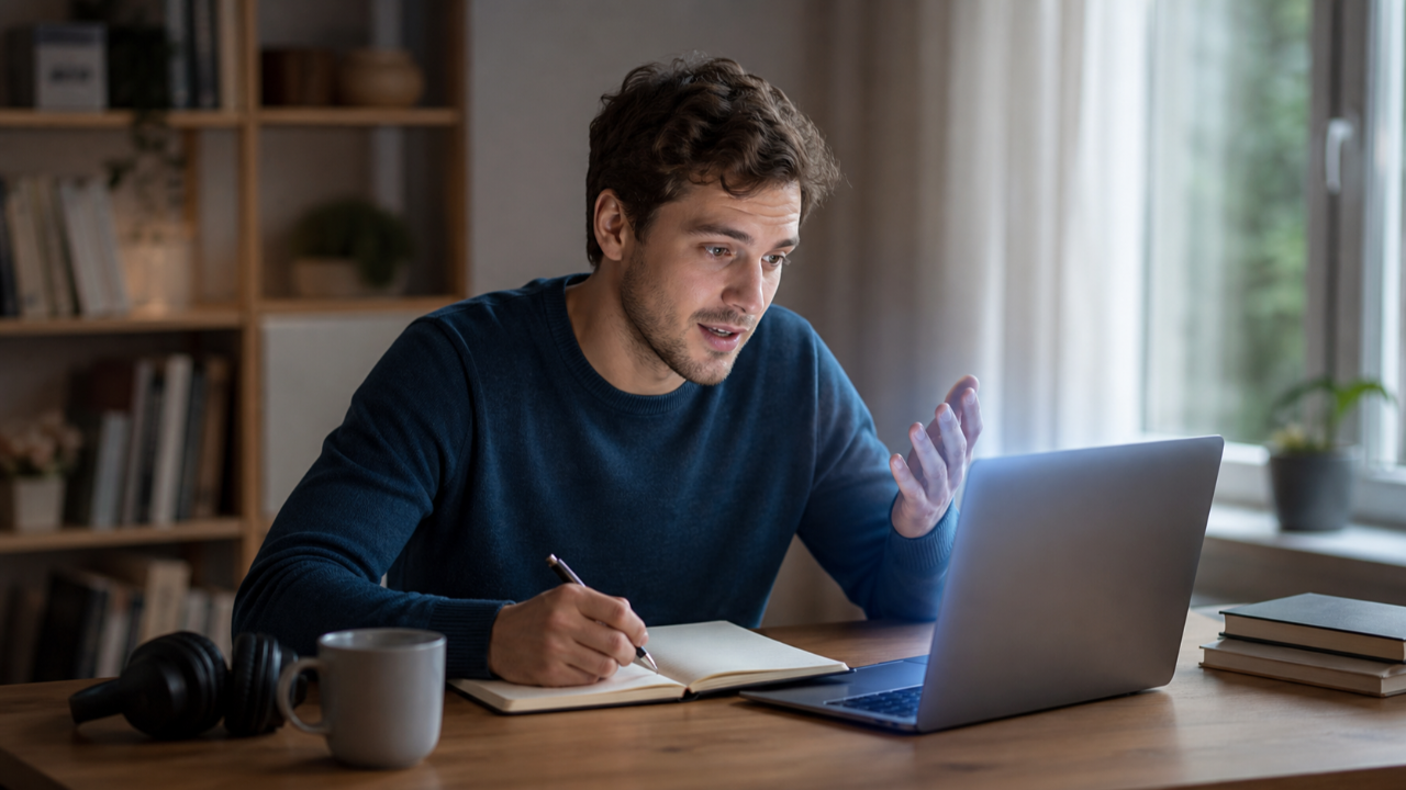 Adult English learner using an AI-powered laptop for independent speaking practice and study at home.