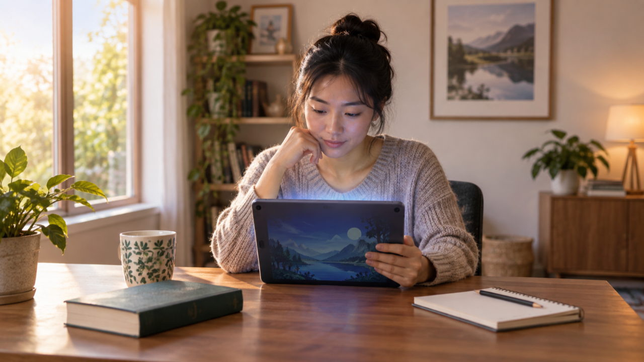 Adult English learner using AI-generated reading material on a tablet at home.