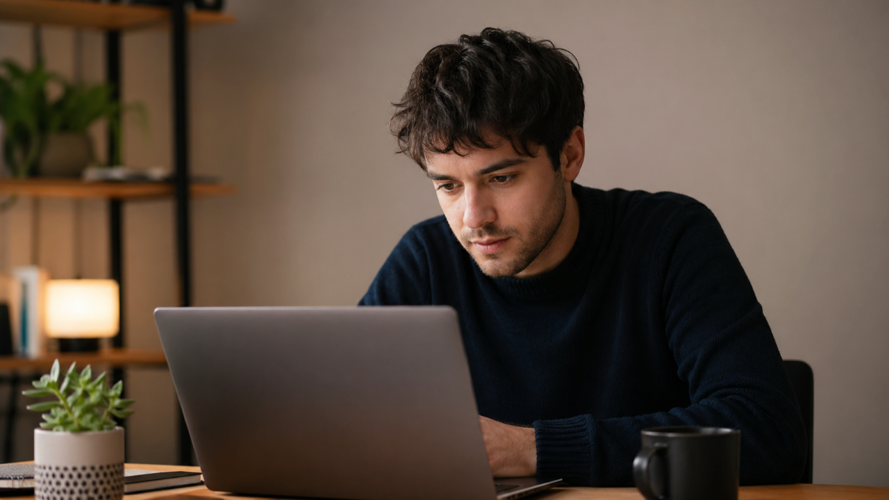 Person learning English with AI at a laptop in a modern workspace