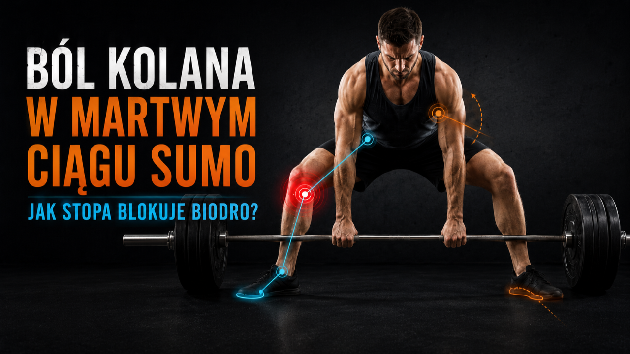 Zawodnik wykonujący martwy ciąg sumo z zaznaczonym bólem kolana, stopą supinującą, brakiem podparcia pierwszego promienia i funkcjonalnym ograniczeniem ruchu biodra w GSP Chains.