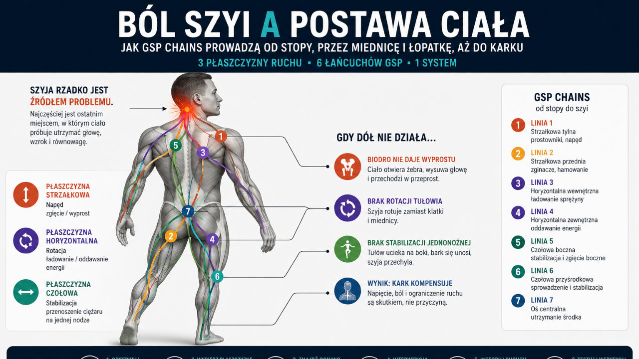 Schemat GSP Chains pokazujący wpływ płaszczyzny strzałkowej, horyzontalnej i czołowej na szyję, łopatkę, miednicę i stopę.