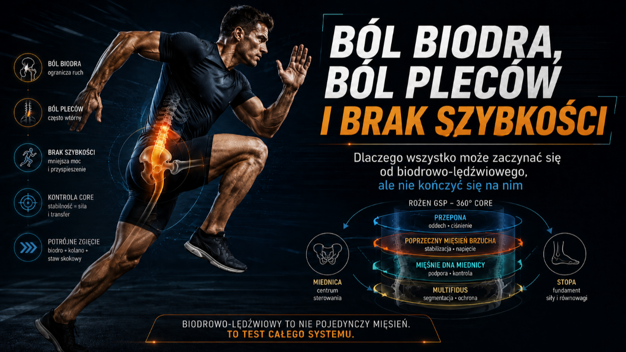 Grafika przedstawiająca sprintera z zaznaczonym mięśniem biodrowo-lędźwiowym, miednicą i odcinkiem lędźwiowym oraz schemat rożna GSP pokazujący zależność między bólem biodra, bólem pleców, stabilizacją centralną, trójzgięciem i szybkością.