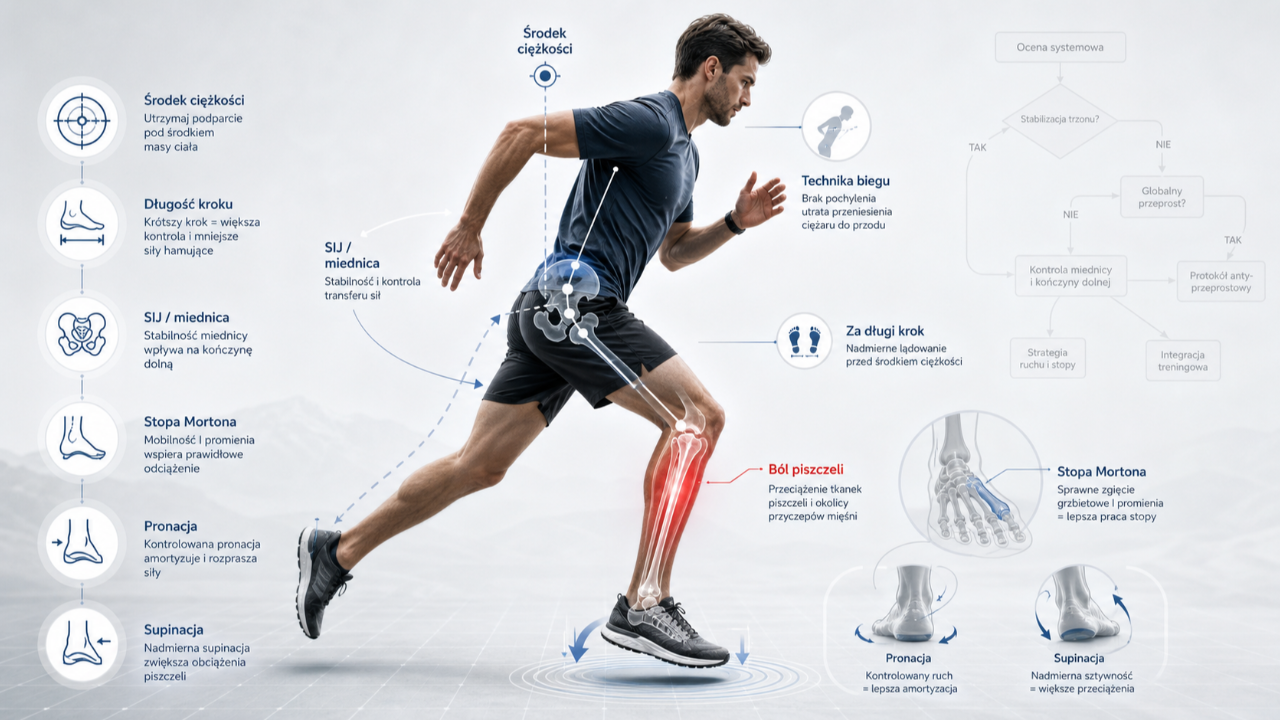 Biomechaniczna grafika przedstawiająca biegacza z zaznaczonym bólem piszczeli oraz zależności między środkiem ciężkości, długością kroku, ustawieniem miednicy, stawem krzyżowo-biodrowym, stopą Mortona, pronacją i supinacją w kontekście drzewa decyzyjnego GSP.