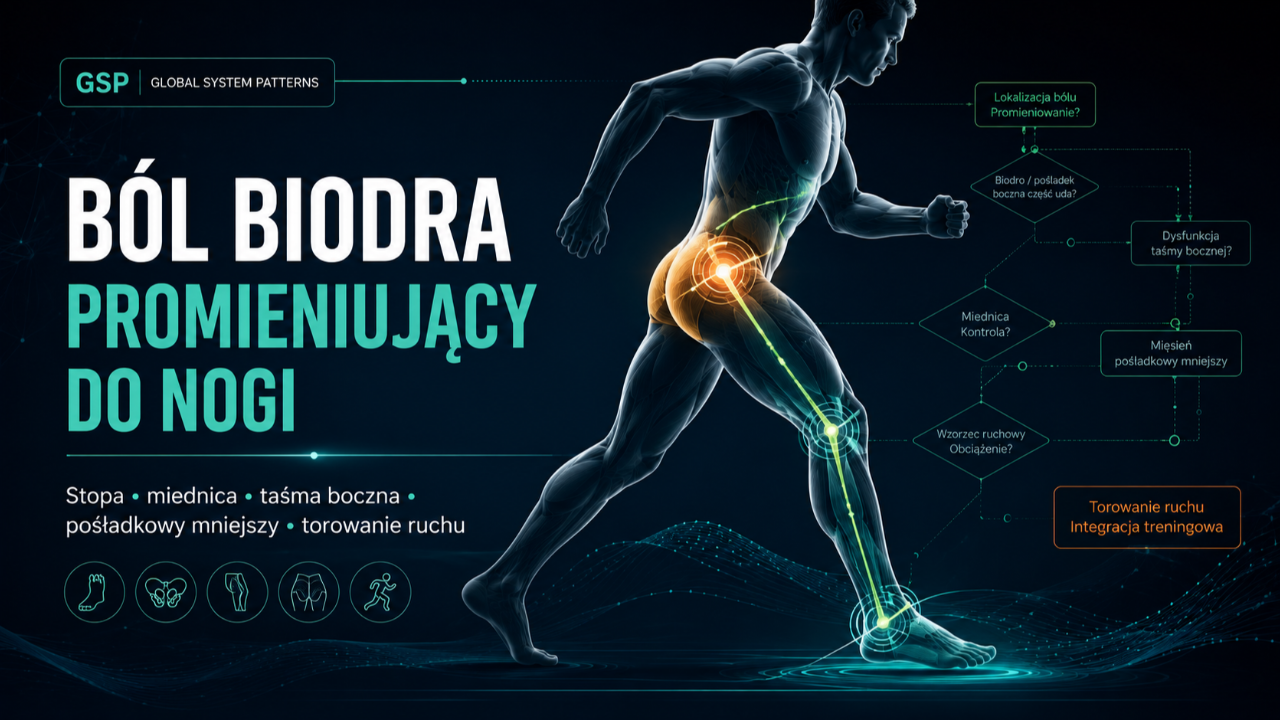 Drzewo decyzyjne GSP pokazujące proces diagnostyczny od stabilizacji trickowej, globalnego przeprostu, ustawienia stopy i miednicy, przez taśmę boczną, kolejność aktywacji mięśni, tułów i łopatkę, aż do integracji treningowej.