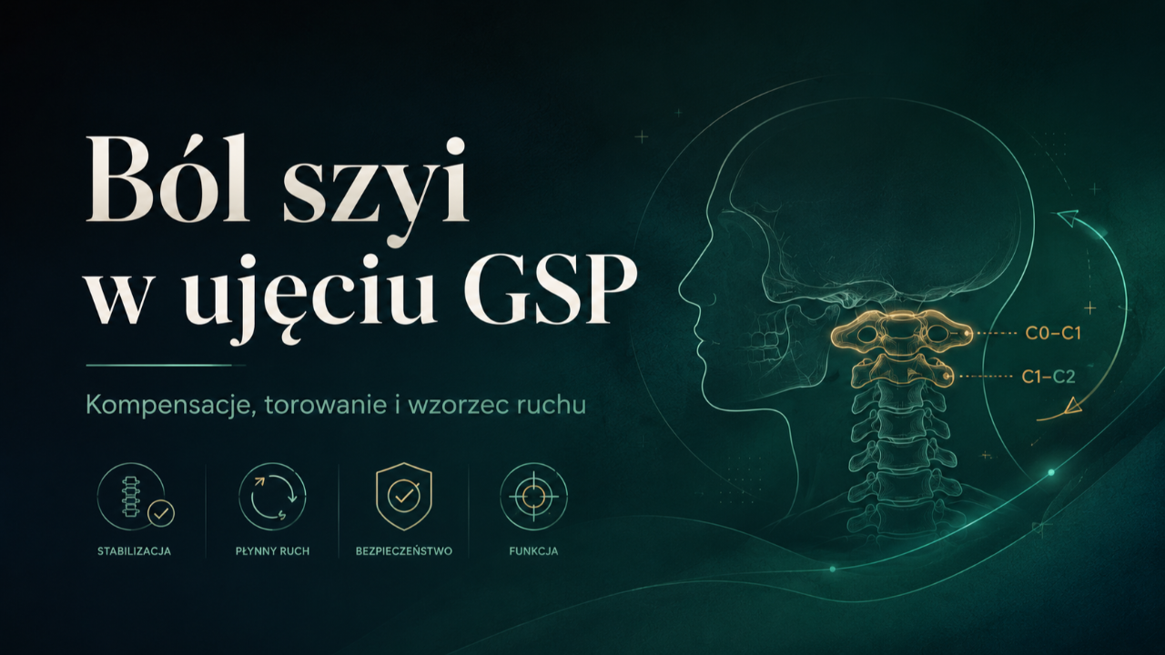 Grafika tytułowa artykułu o bólu szyi w ujęciu GSP. Na ciemnym, zielono-granatowym tle widnieje duży napis „Ból szyi w ujęciu GSP” oraz podtytuł „Kompensacje, torowanie i wzorzec ruchu”. Po prawej stronie znajduje się schematyczny profil głowy i szyi z zaznaczonym odcinkiem szyjnym kręgosłupa, szczególnie segmentami C0–C1 i C1–C2. U dołu umieszczono ikony symbolizujące stabilizację, płynny ruch, bezpieczeństwo i funkcję.