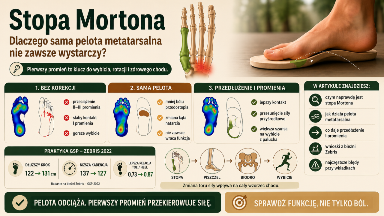 Stopa Mortona, pelota metatarsalna i przedłużenie pierwszego promienia we wkładce – wpływ na wybicie z palucha i pracę biodra.