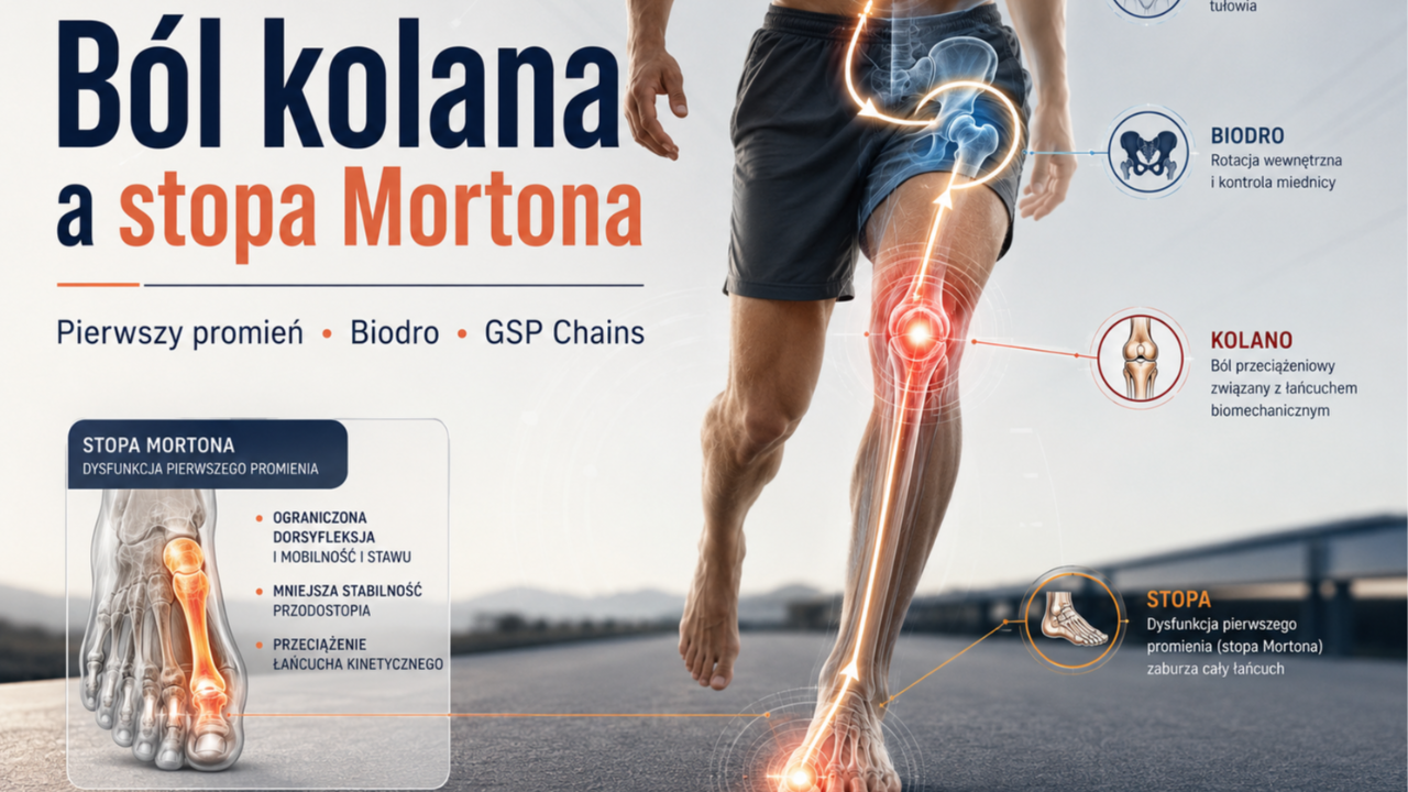 Grafika przedstawiająca zależność między stopą Mortona, pierwszym promieniem, bólem kolana, rotacją wewnętrzną biodra i stabilizacją tułowia w GSP Chains.