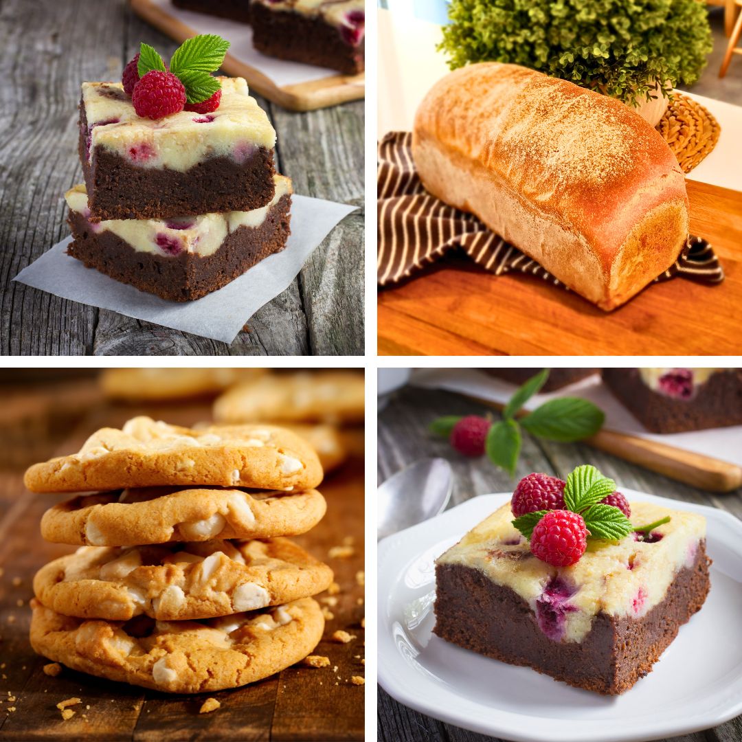 collage image of brownies bread and cookies