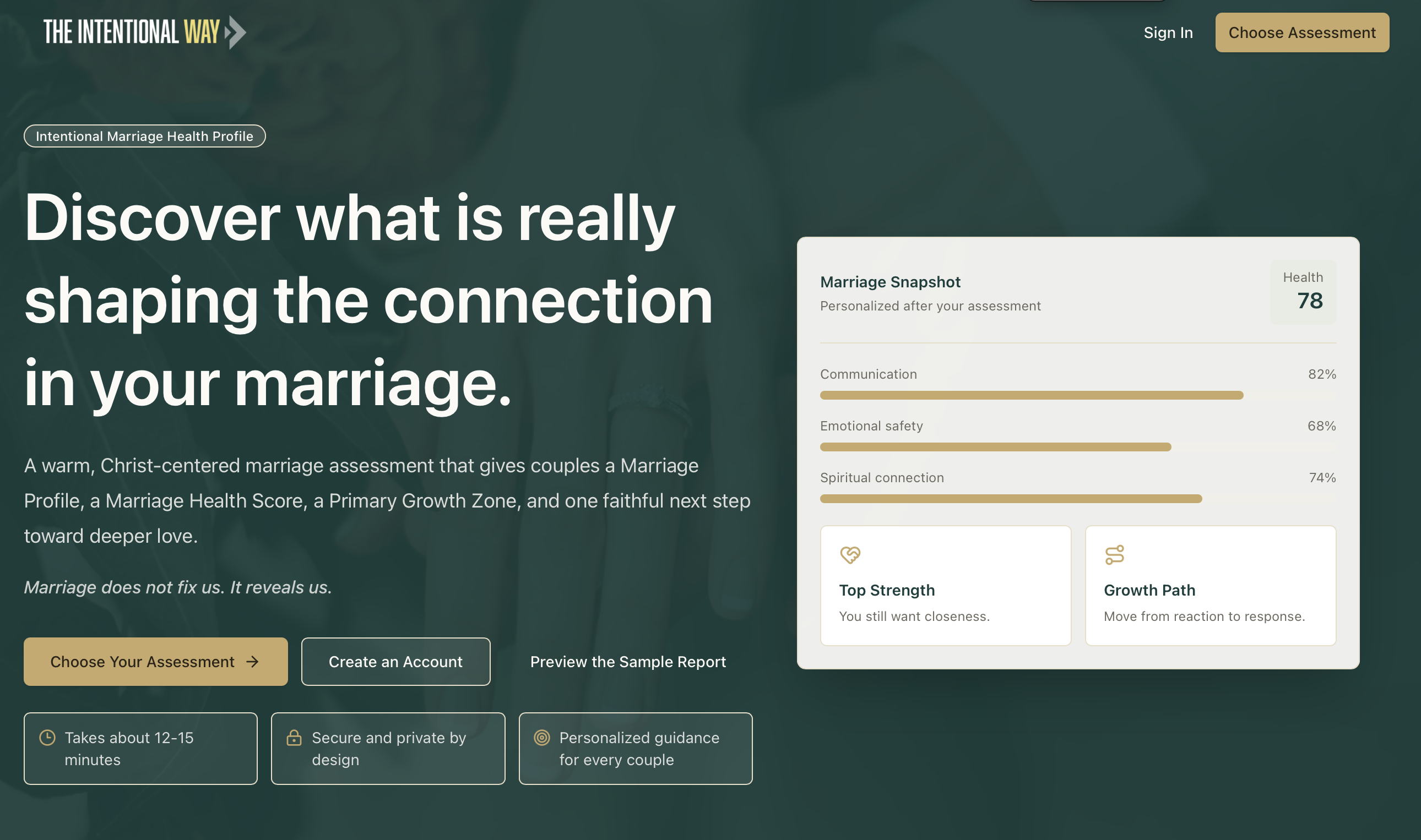The Intentional Marriage Health Profile assessment, showing a Marriage Snapshot with health score and growth path