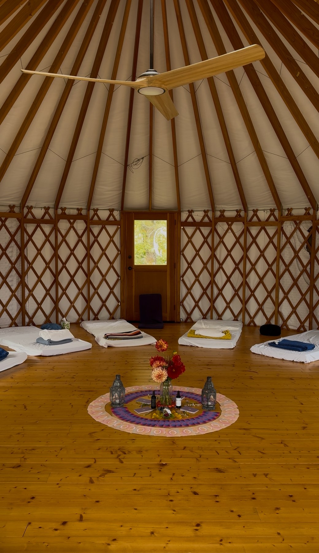 The yurt set up for a breathwork session