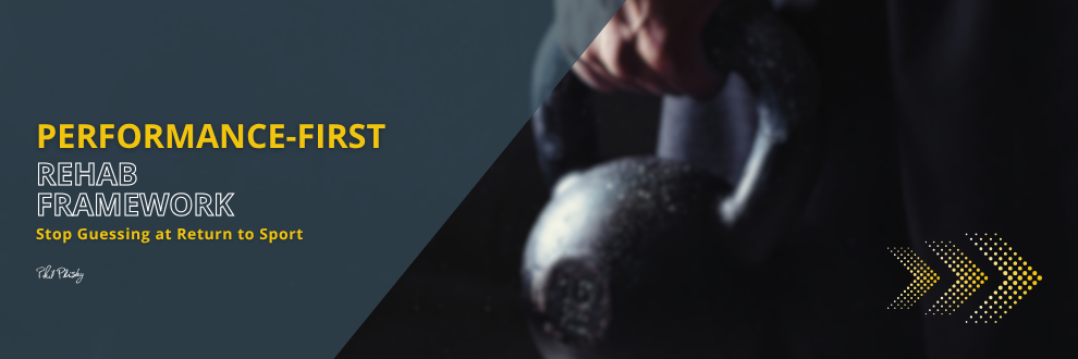 Dark banner image featuring a person gripping a kettlebell, with bold text reading "Performance-First Rehab Framework – Stop Guessing at Return to Sport" and Phil Plisky's signature, in a dark navy and yellow color scheme.