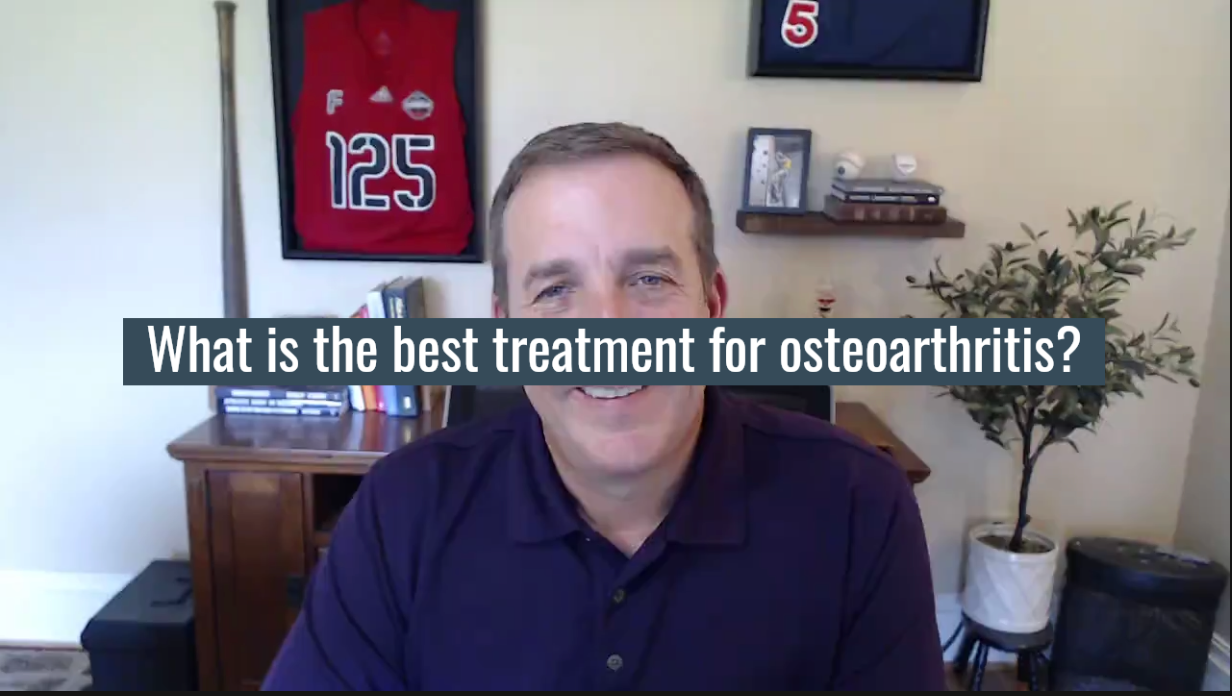 Phil Plisky smiling on camera with the text overlay "What is the best treatment for osteoarthritis?" — a still from the Rehab and Performance Lab podcast episode with Dr. Christopher Bise.