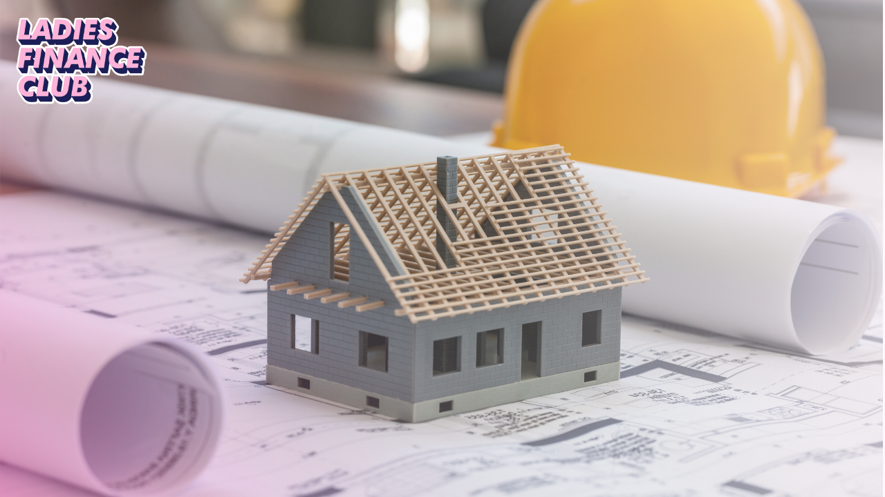 Model of a new house under construction on building plans, representing new build property investing