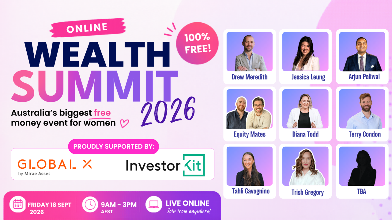 Online Wealth Summit 2026 speaker lineup poster, Australia's biggest free money event for women, Friday 18 September 2026