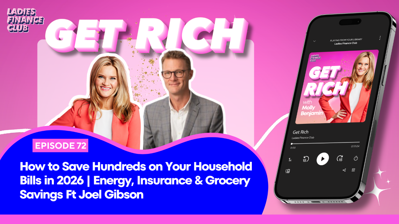 Molly Benjamin and Joel Gibson on Get Rich podcast cover, Episode 72: bill reduction and energy savings tips for Australia 2026
