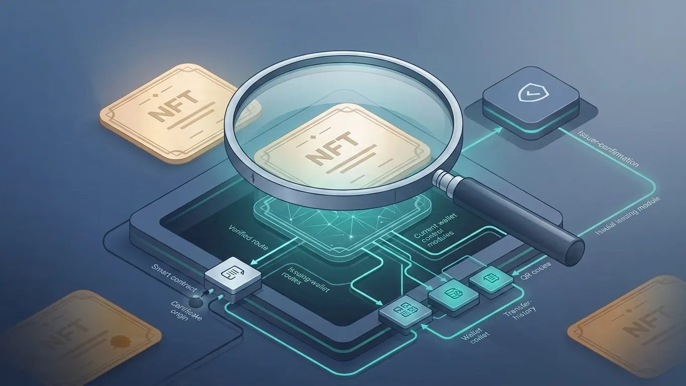NFT certificate under a verification lens showing smart contract, wallet, issuer, and transfer-history checks