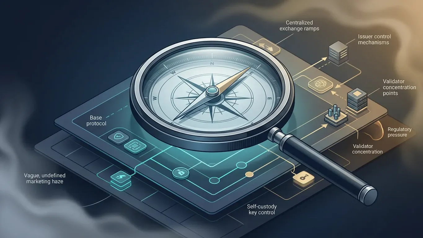 Crypto compass showing permissionless and trustless design properties weakening at centralized exchange and validator points