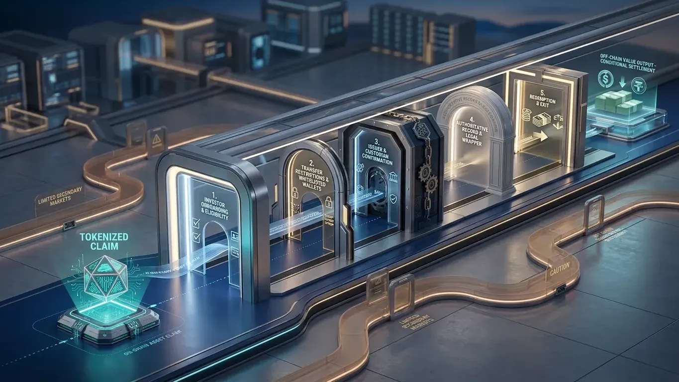 Tokenized real-world asset claim moving through eligibility, custody, legal wrapper, and redemption gates before settlement.