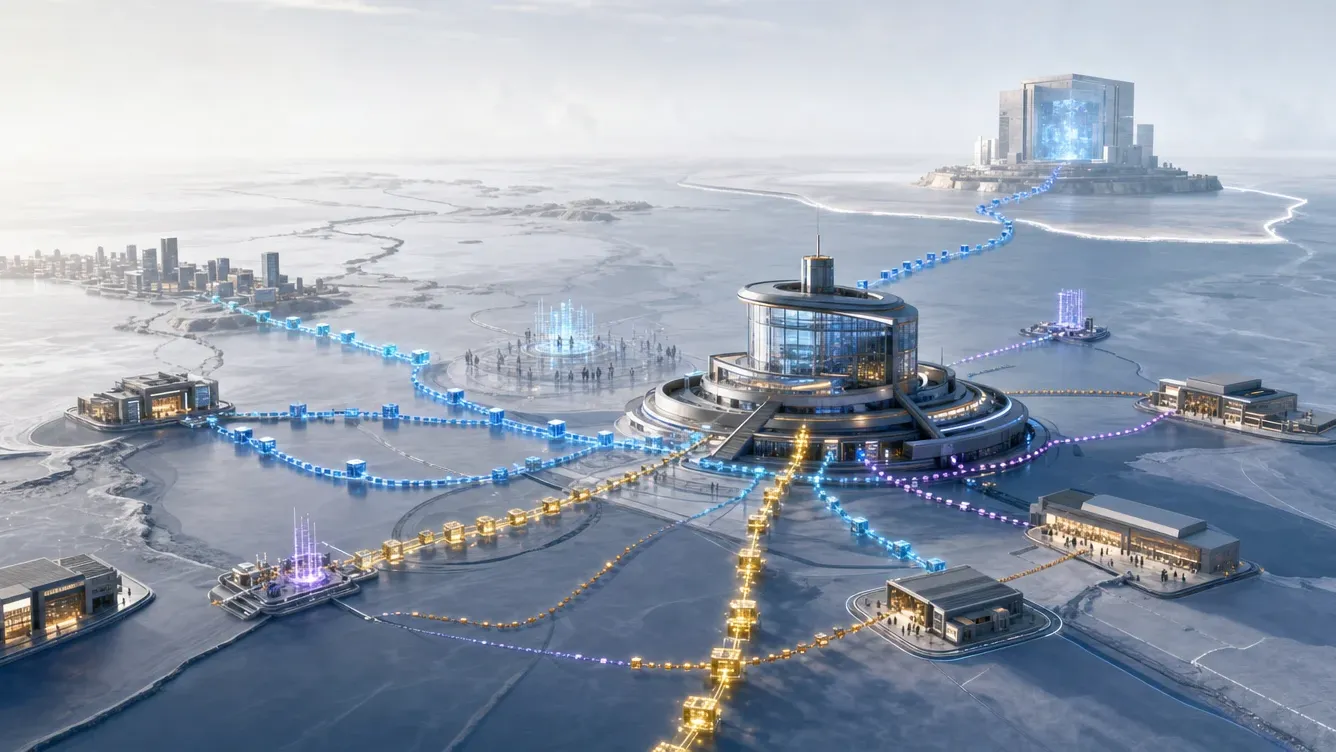 BlockchaiPublic transaction trails converging through a central analysis hub, showing how crypto activity becomes linkable across systems.n