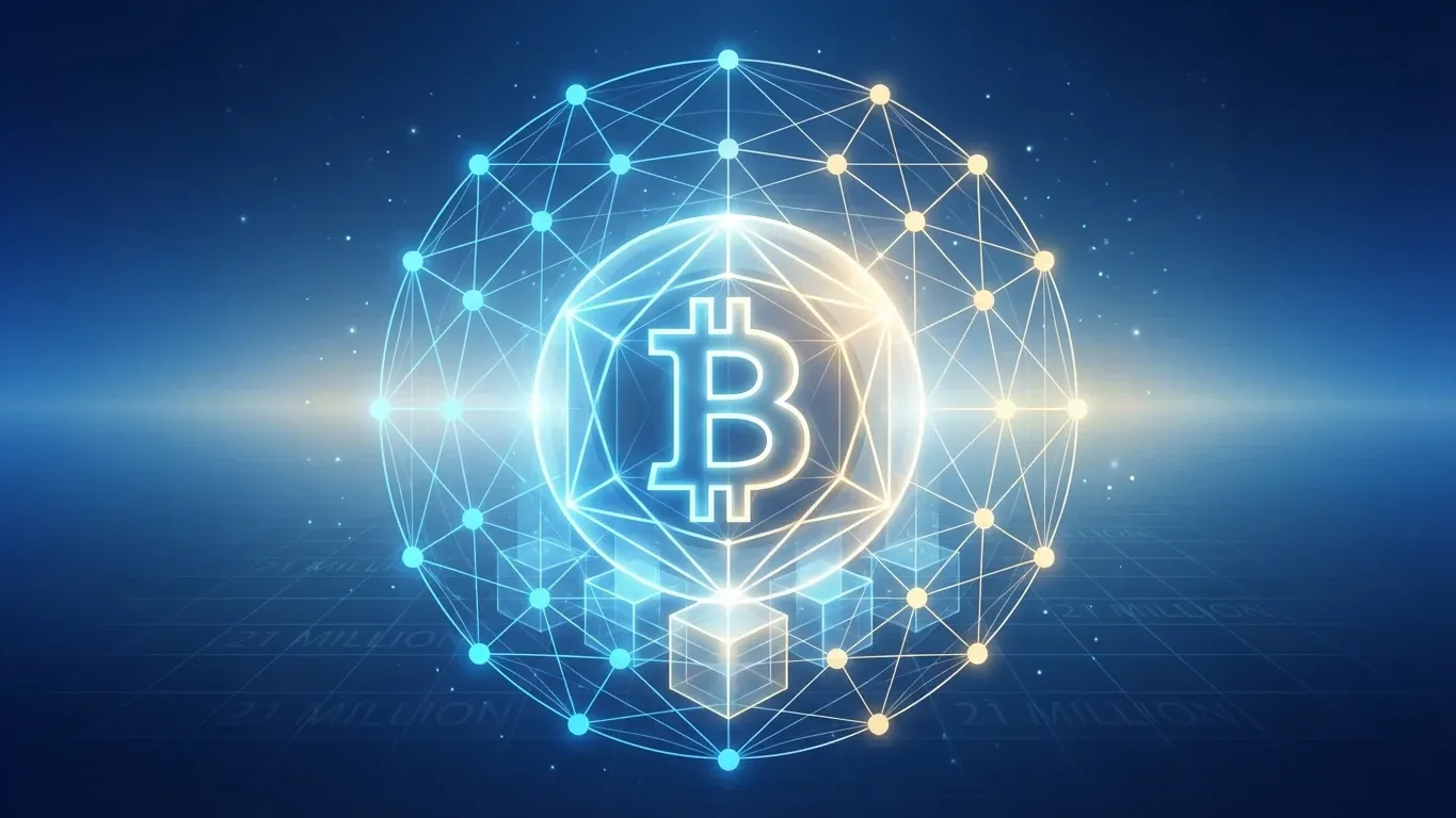 Bitcoin shown as a glowing digital core inside a network sphere, with geometric links and subtle “21 million” references to suggest fast, scalable payment rails built on top of Bitcoin.