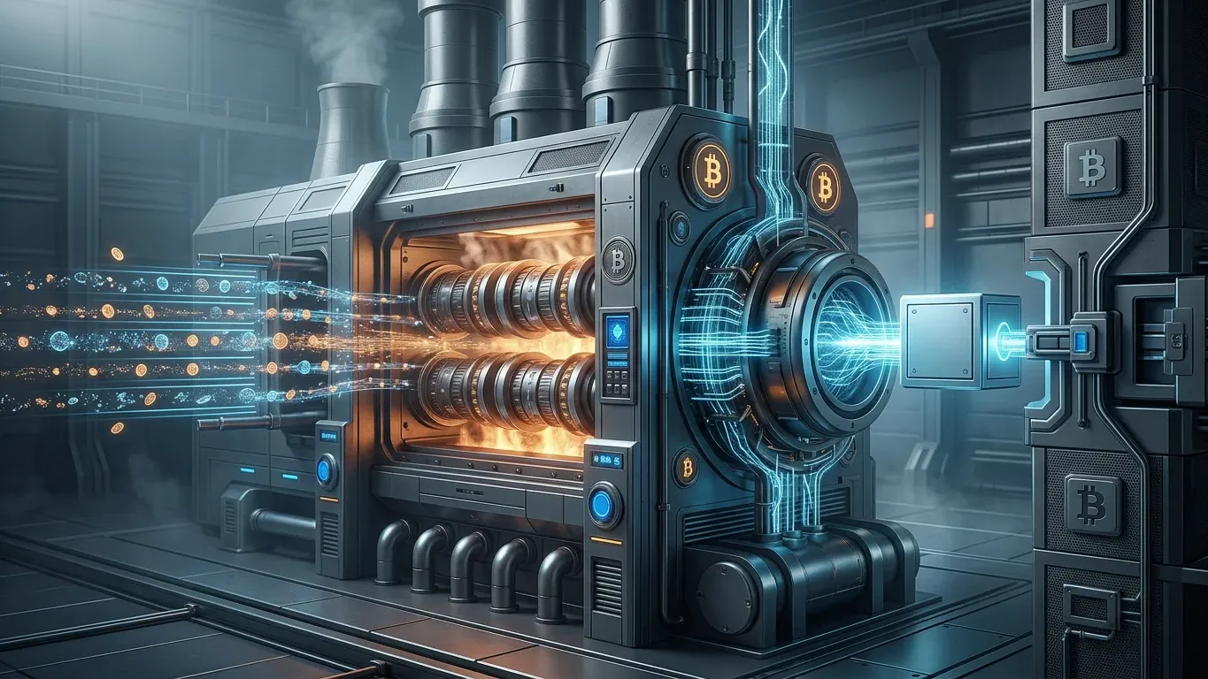 An industrial machine transforming computation and energy into Bitcoin-related output, emphasizing hashing power, mechanical process, and block production.