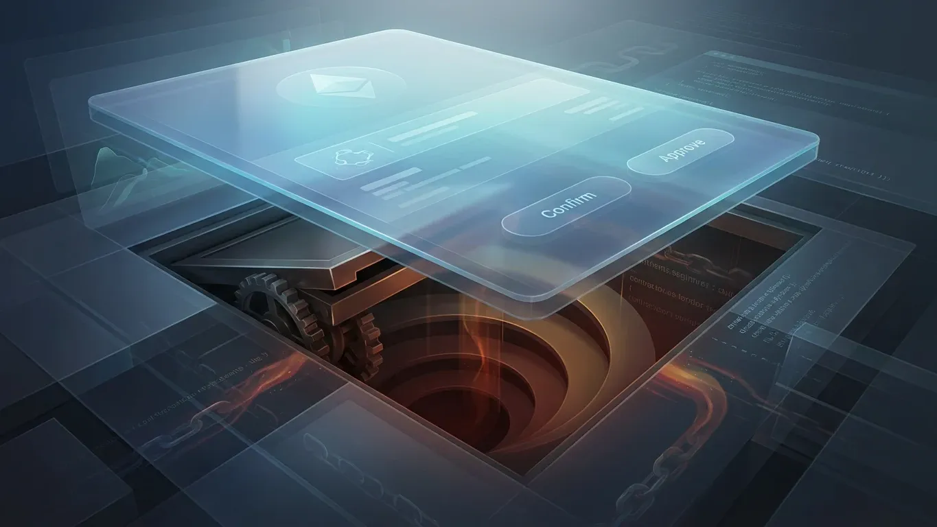 Illustration of approval phishing in crypto, showing a fake wallet confirmation screen hiding a dangerous smart contract permission trap