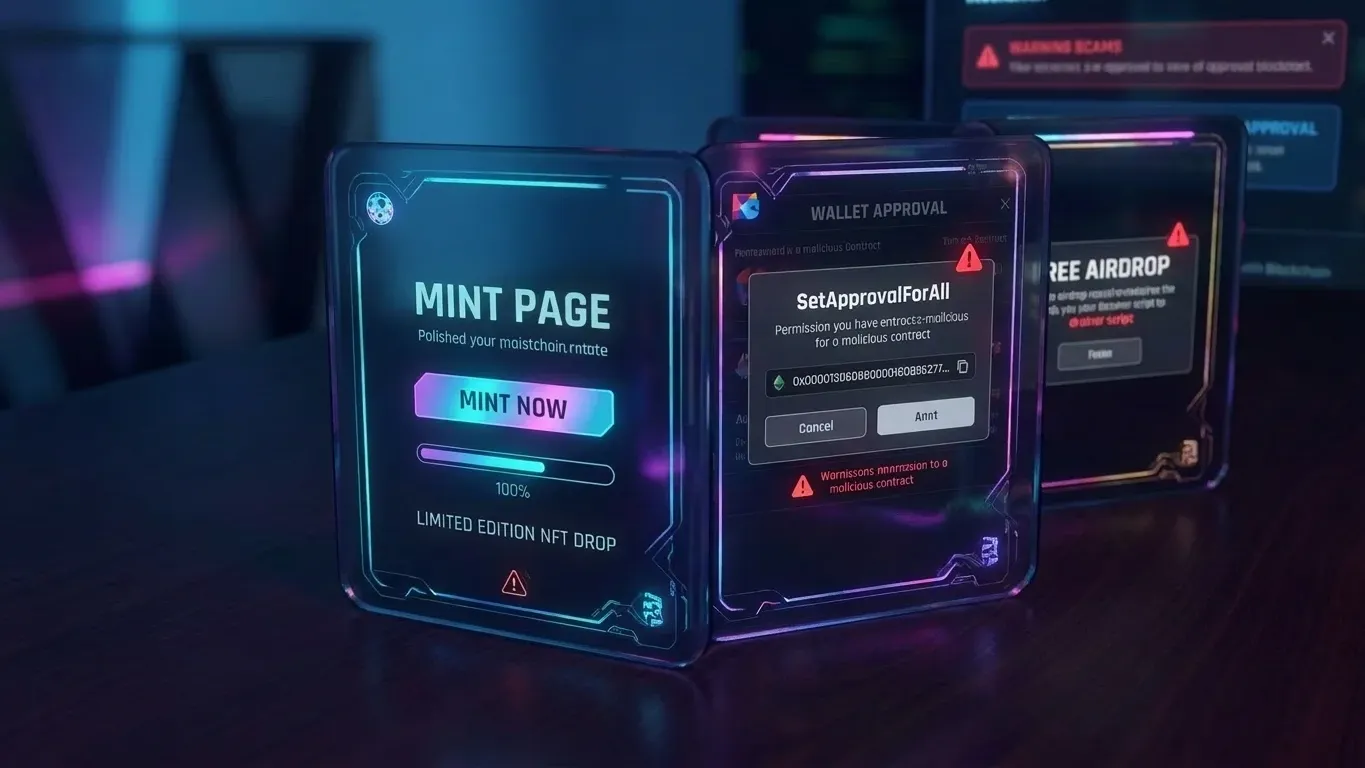 Fake NFT mint page, malicious wallet approval warning, and free airdrop panel illustrating common NFT scams and phishing risks.