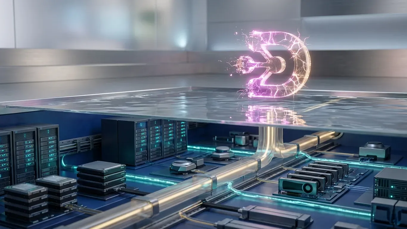 DePIN infrastructure network with hardware, data servers, and verified signal flows supporting decentralized physical systems