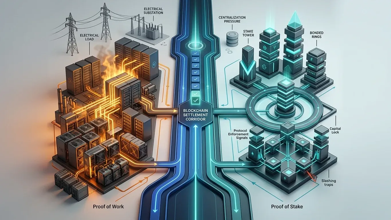 A split comparison diagram contrasting Proof of Work and Proof of Stake, with energy-heavy infrastructure on one side and capital/staking-based validation architecture on the other.