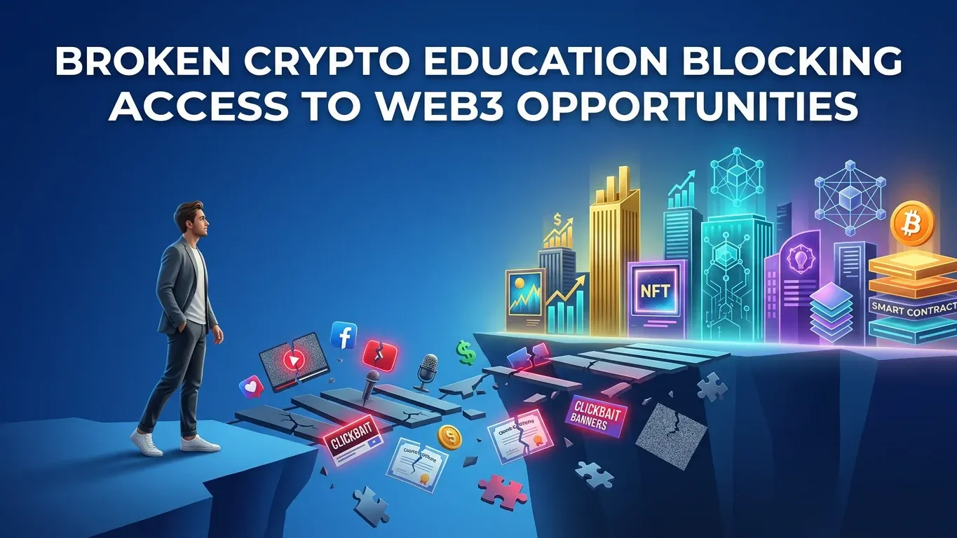 Concept illustration of the crypto learning journey, showing a digital pathway from fragmented information toward a structured cryptocurrency education platform