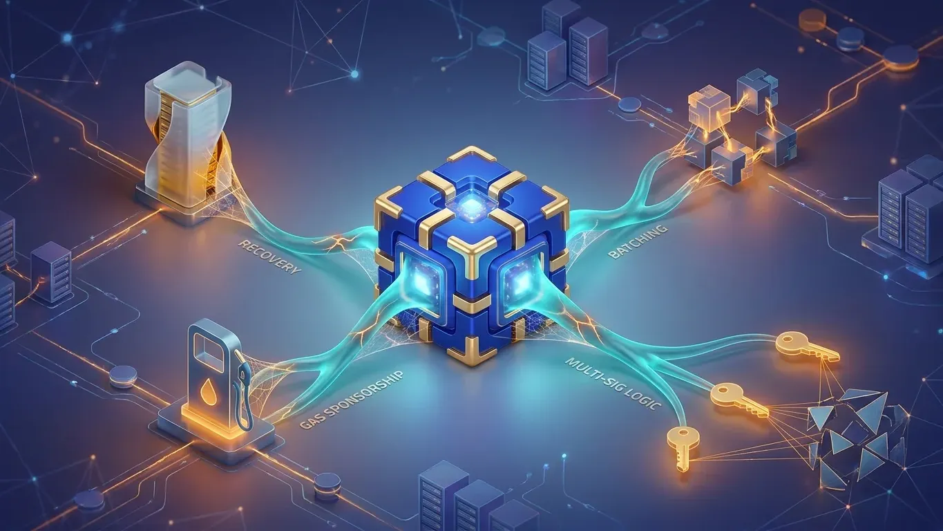 Concept image of account abstraction with programmable wallet features such as recovery options, batched transactions, and multi-sig security