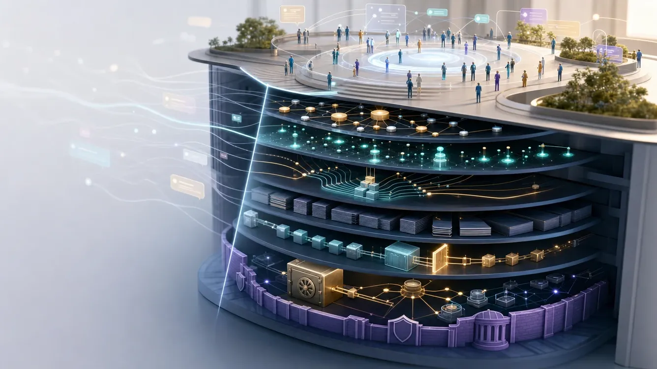 Cutaway DAO platform with members above layered governance, treasury, operations and security systems, showing how to evaluate a DAO.