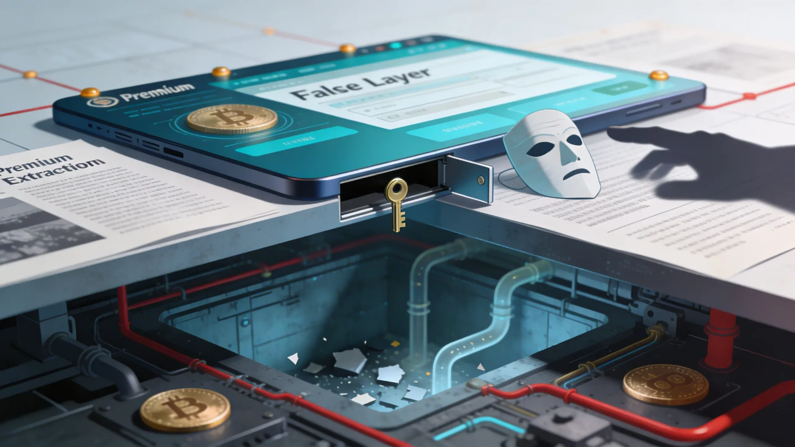 Illustration of crypto scams in 2026, showing a fake investment app, hidden theft mechanism, and deceptive tactics used to steal cryptocurrency