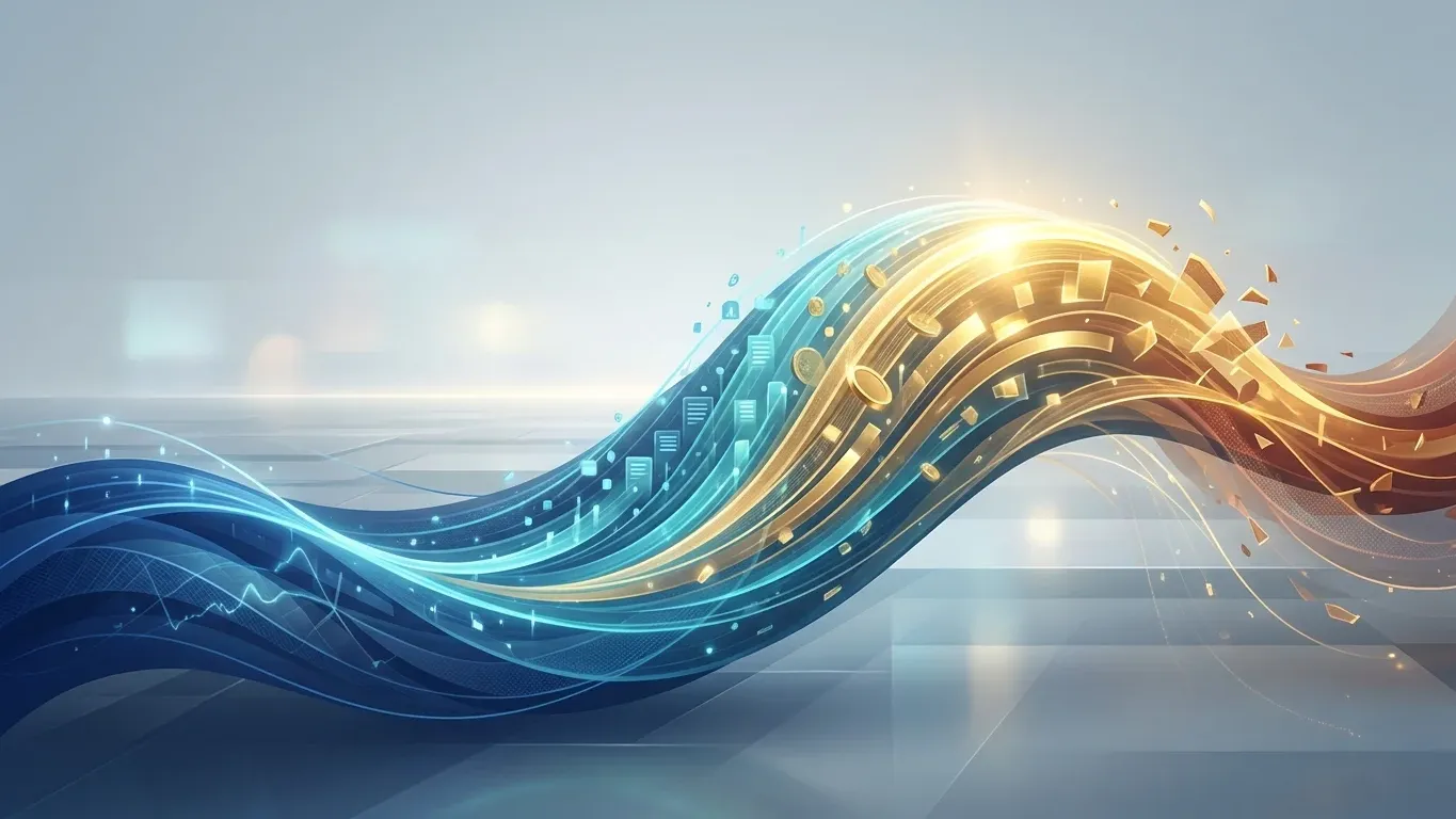 Crypto narratives visualized as flowing waves of attention, capital, and market momentum shaping digital asset trends